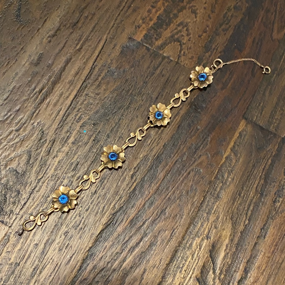 Vintage Blue Rhinestone Flower Bracelet